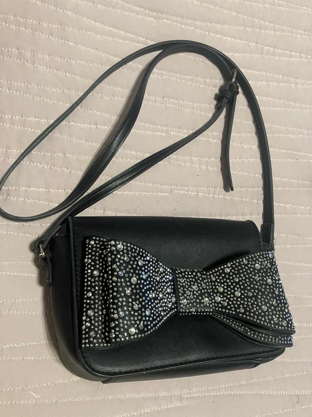 Betsey Johnson Black Crossbody Bag with Crystal Bow Accent